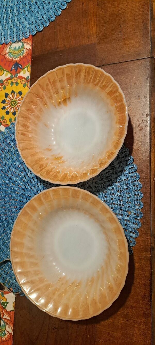 Vintage Fire-King Peach Lustre Shell Milk Glass Bowls Set of 2 8.5 inch MCM